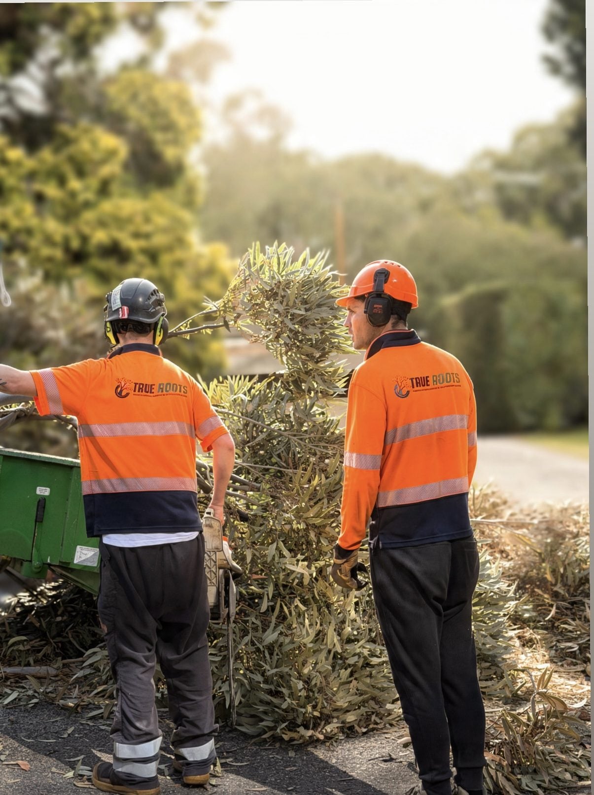 True Roots arborists in uniform feeding branches into the wood chipper on site in Mortdale